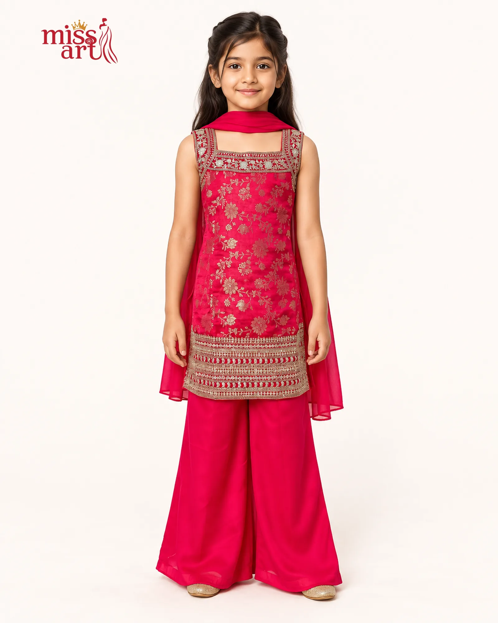 Rani Pink Floral Kurta Palazzo Set - front