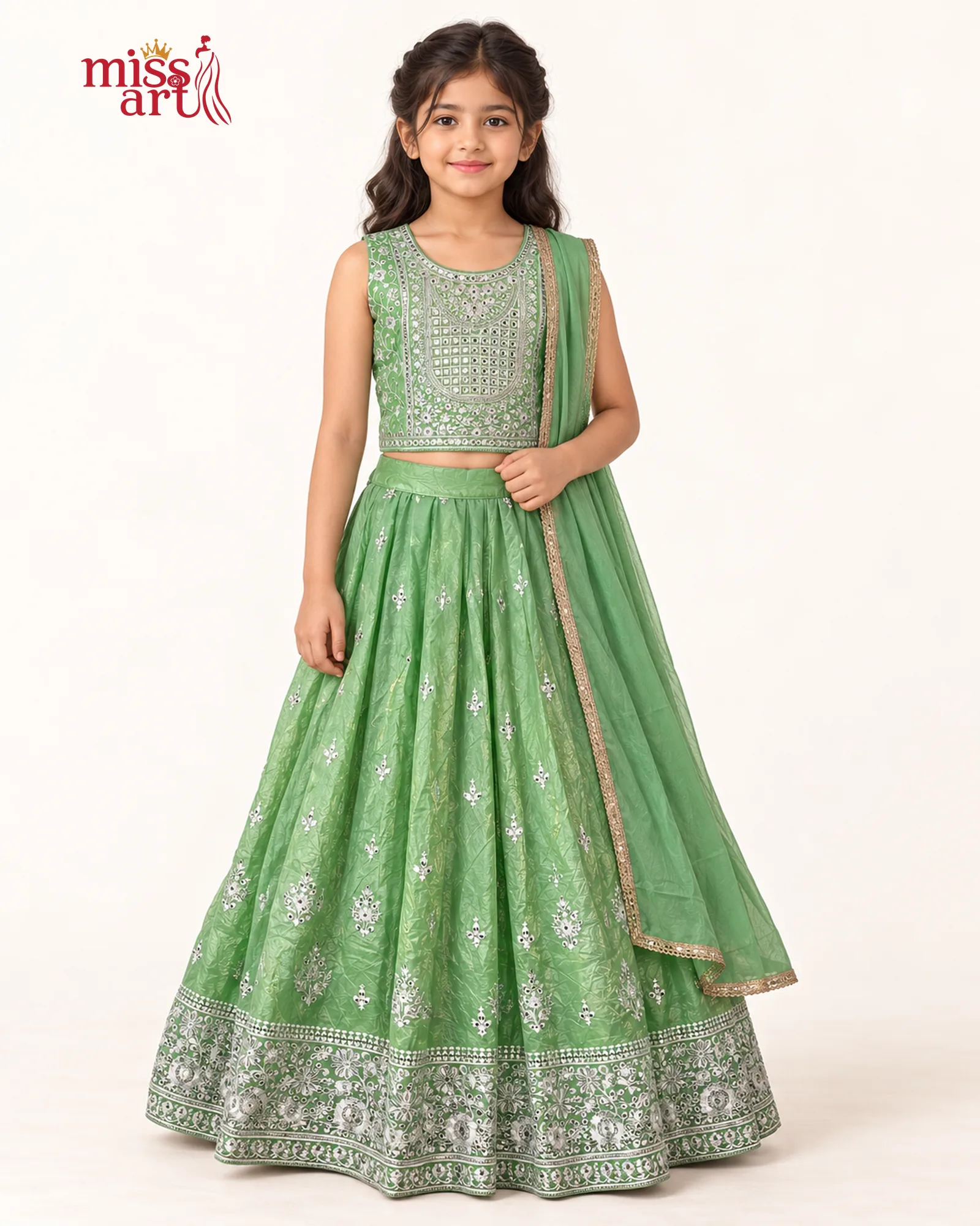 Pista Green Embellished Lehenga Set - front