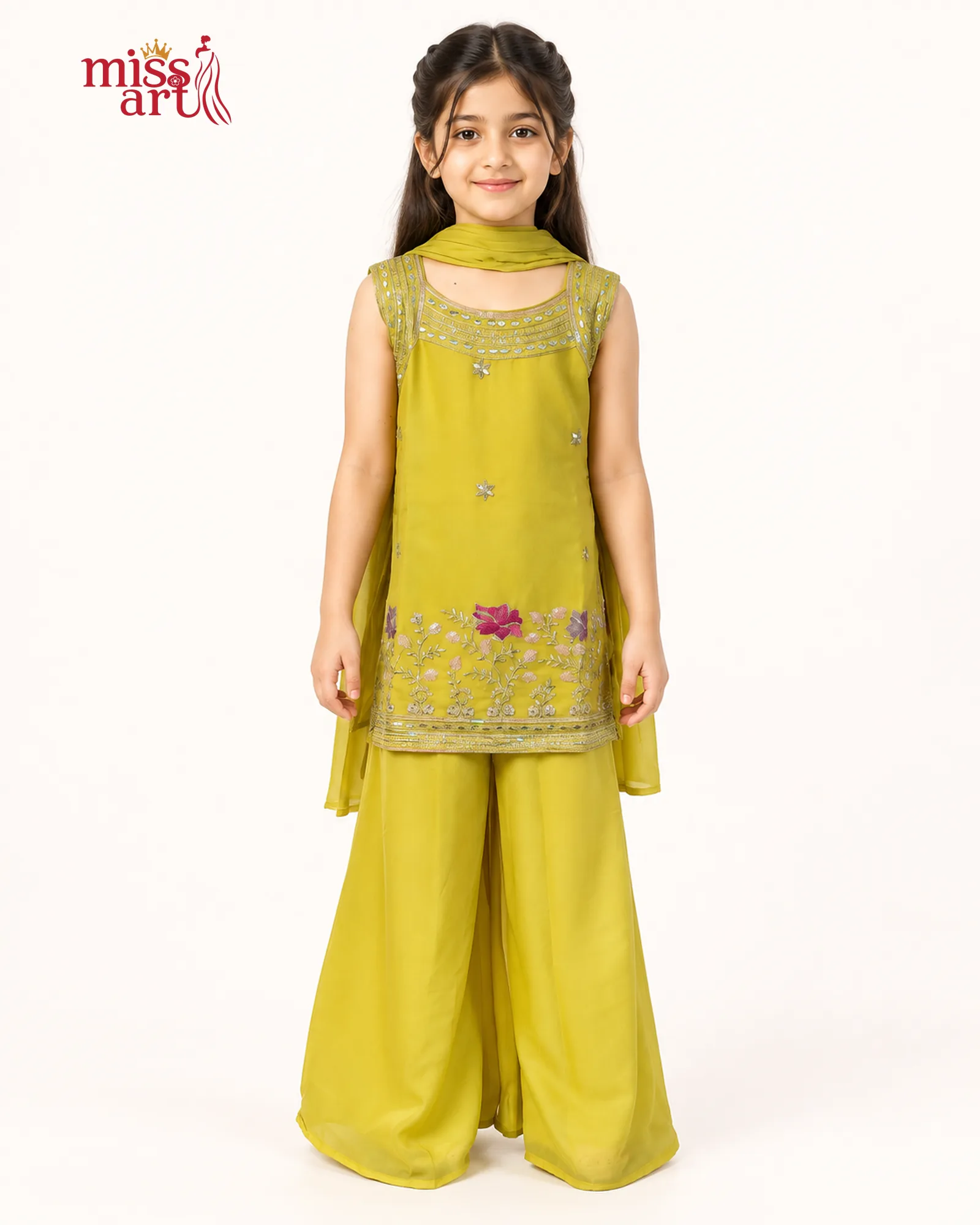 Yellow Floral Kurta Palazzo Set - front